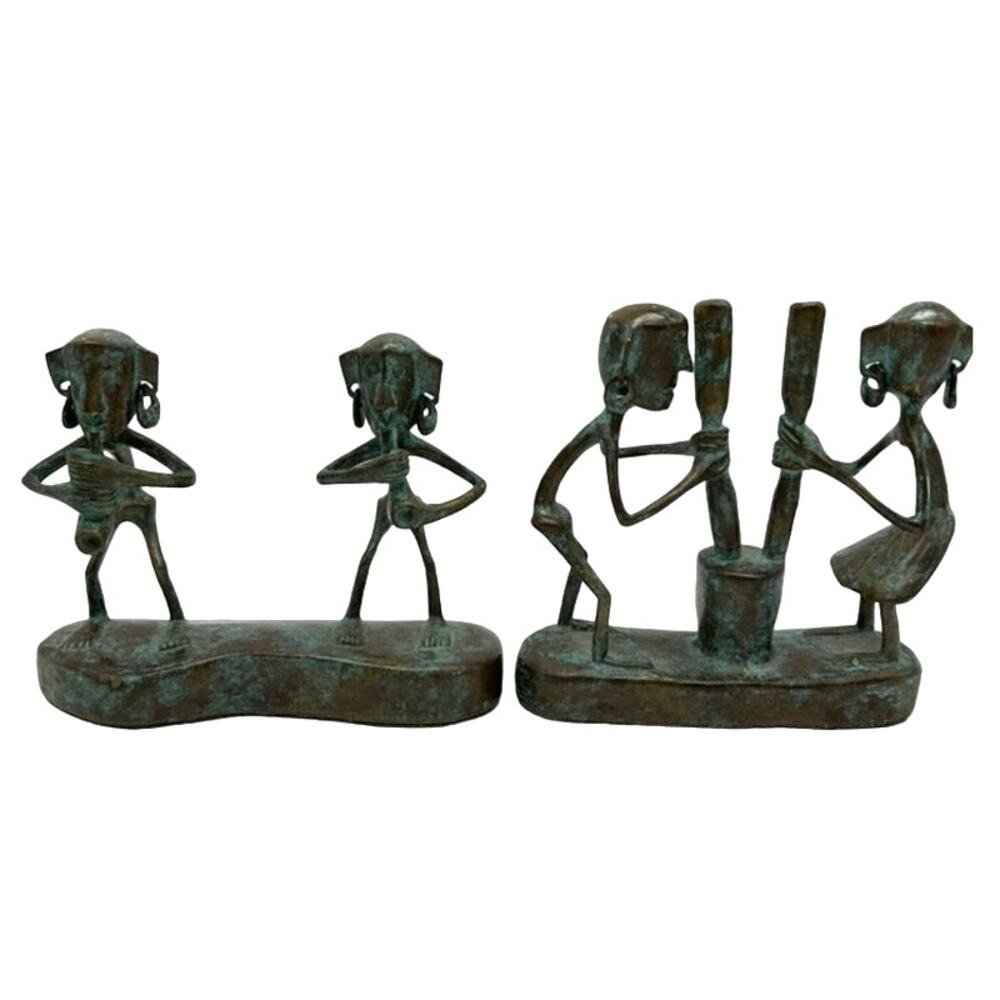 Maitland Smith Verdigris Bronze Tribal Figural Sculpture Pair Philippines Rare